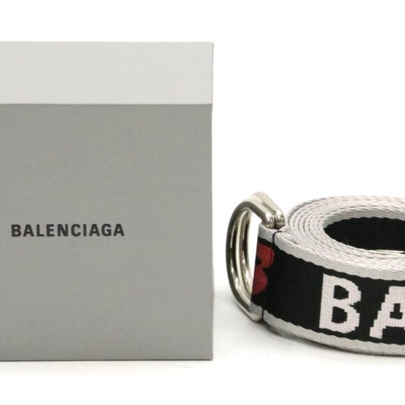 Balenciaga Men's Double D Ring Adjustable Logo Belt One Size - Black/White/Red - Picture 1 of 11